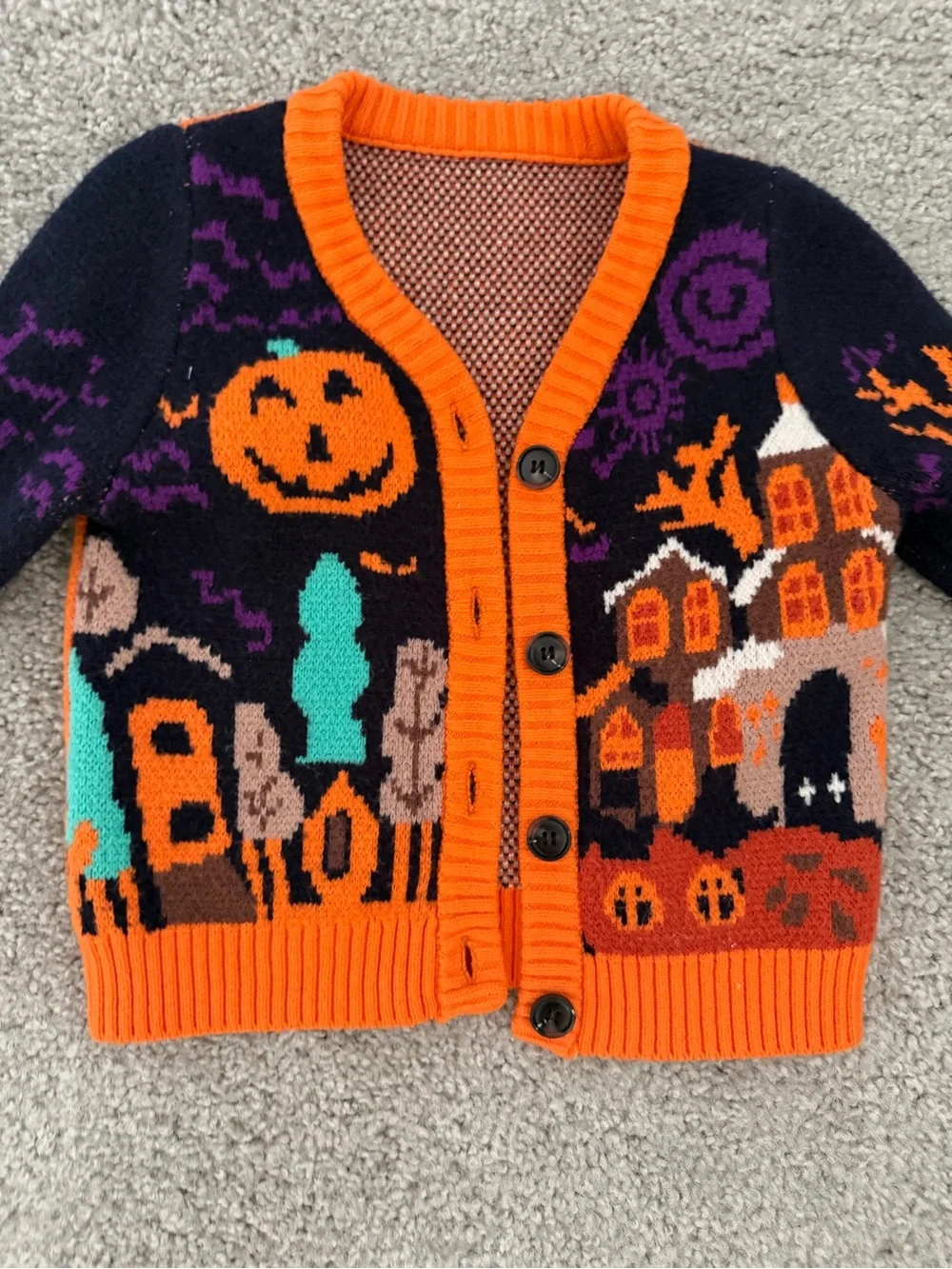 Kids Halloween Haunted House Cardigan Sweater - Orange & Black
